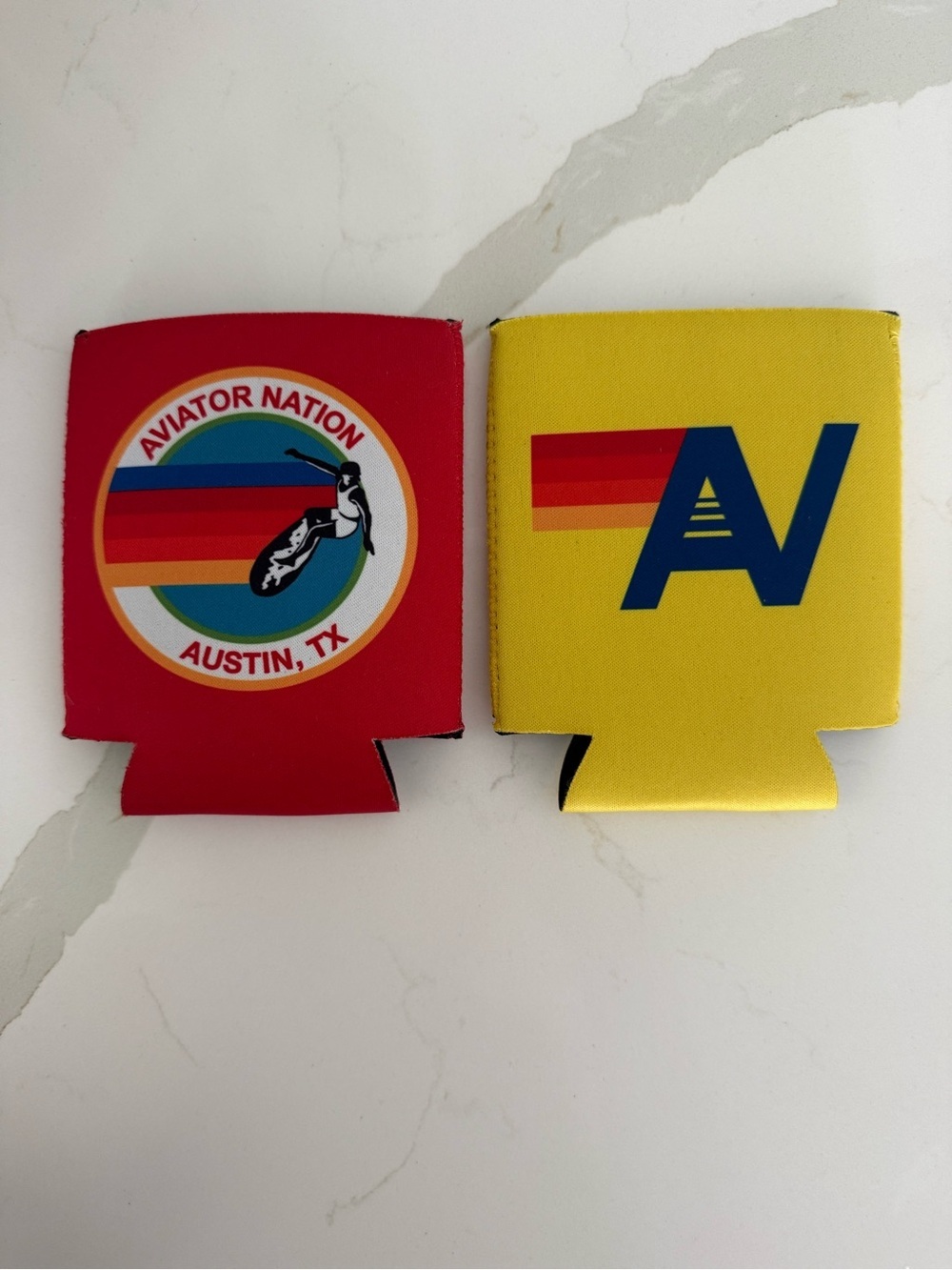 Aviator Nation Austin TX Red & Yellow Retro Logo Can Cooler Koozies Set of 2